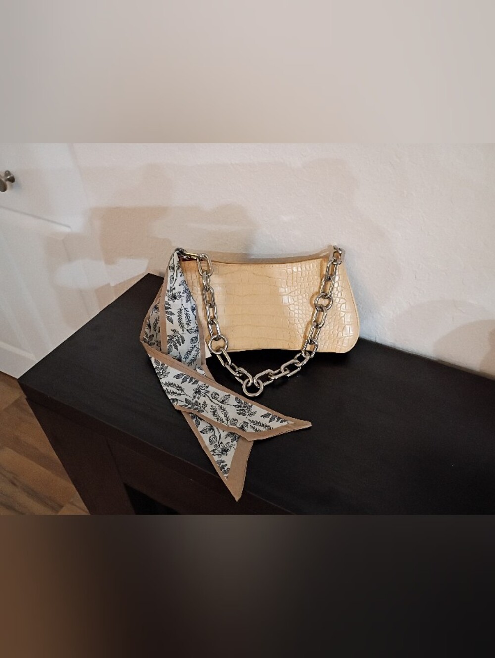 a new day-Beige Croc-Embossed Shoulder Bag with Silver Chain. (NWT!)